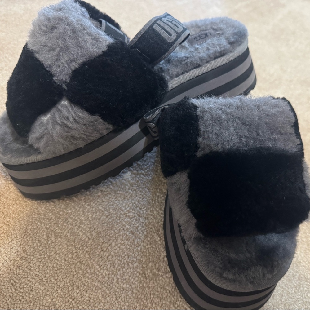 UGG Black and Gray Fluffy Platform Sandals